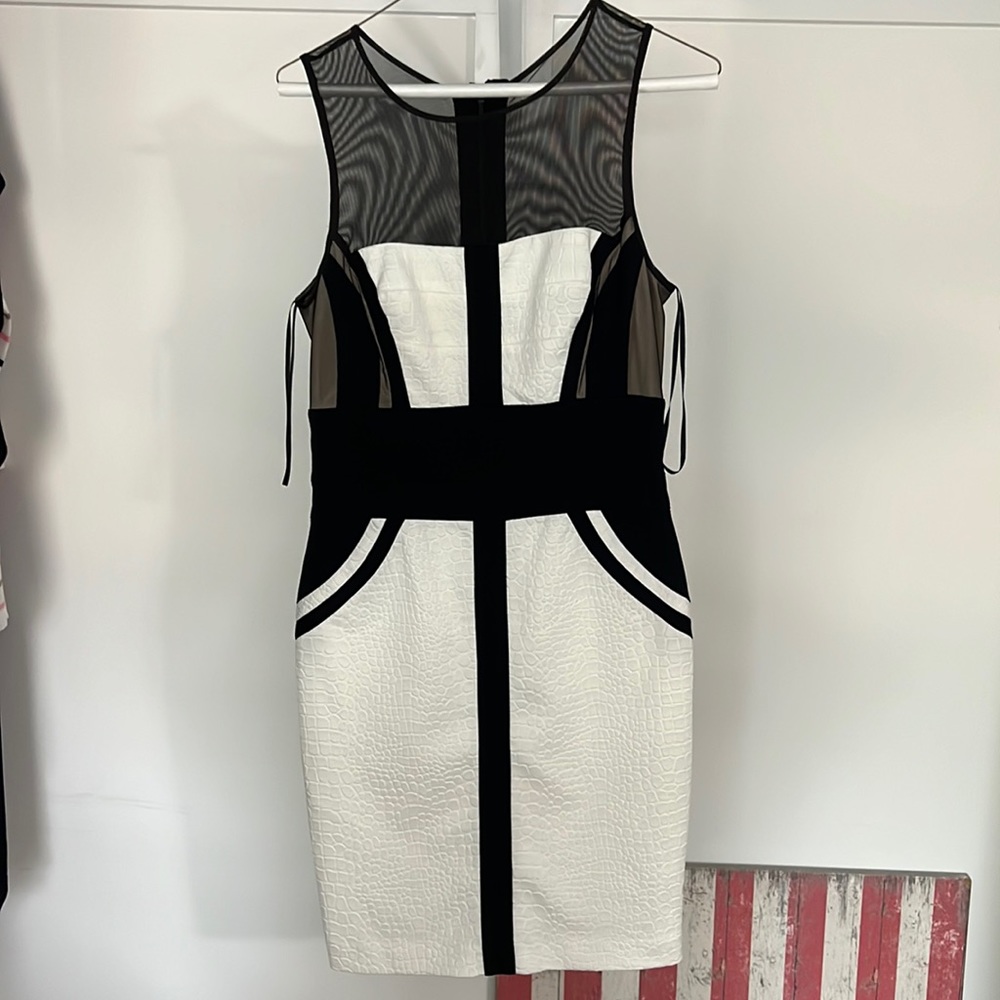 Cache size 6 alligator texture dress in white and black